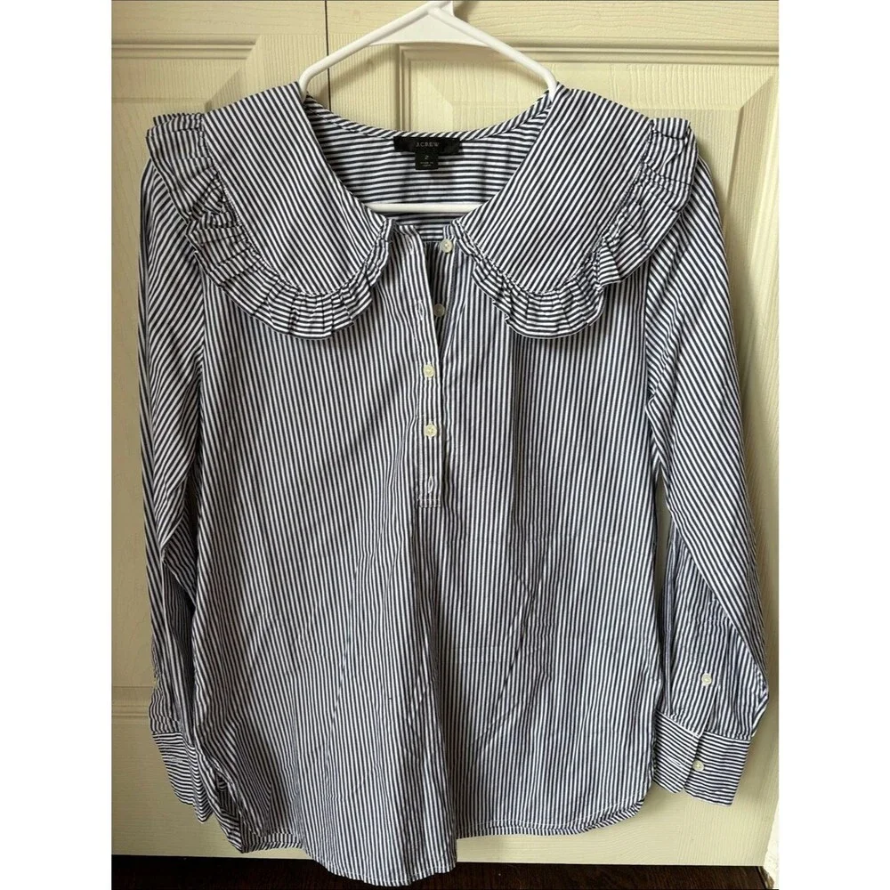 J. Crew Jules ruffle pan collar striped cotton button down shirt women’s 2 small